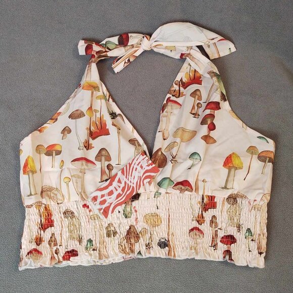 NWT Mushroom Vintage Inspired Print Halter Crop Top - Picture 1 of 6